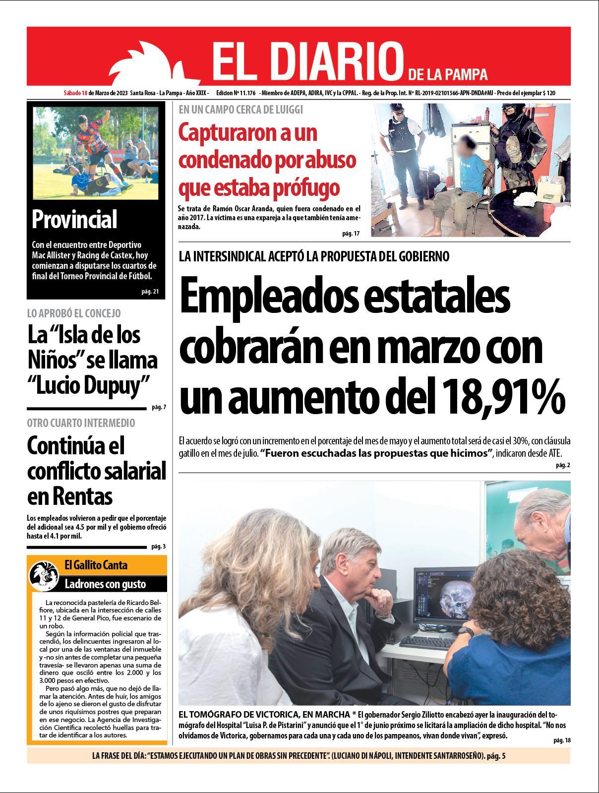 Tapa de El Diario en papel  saacutebado 18 de marzo de 2023